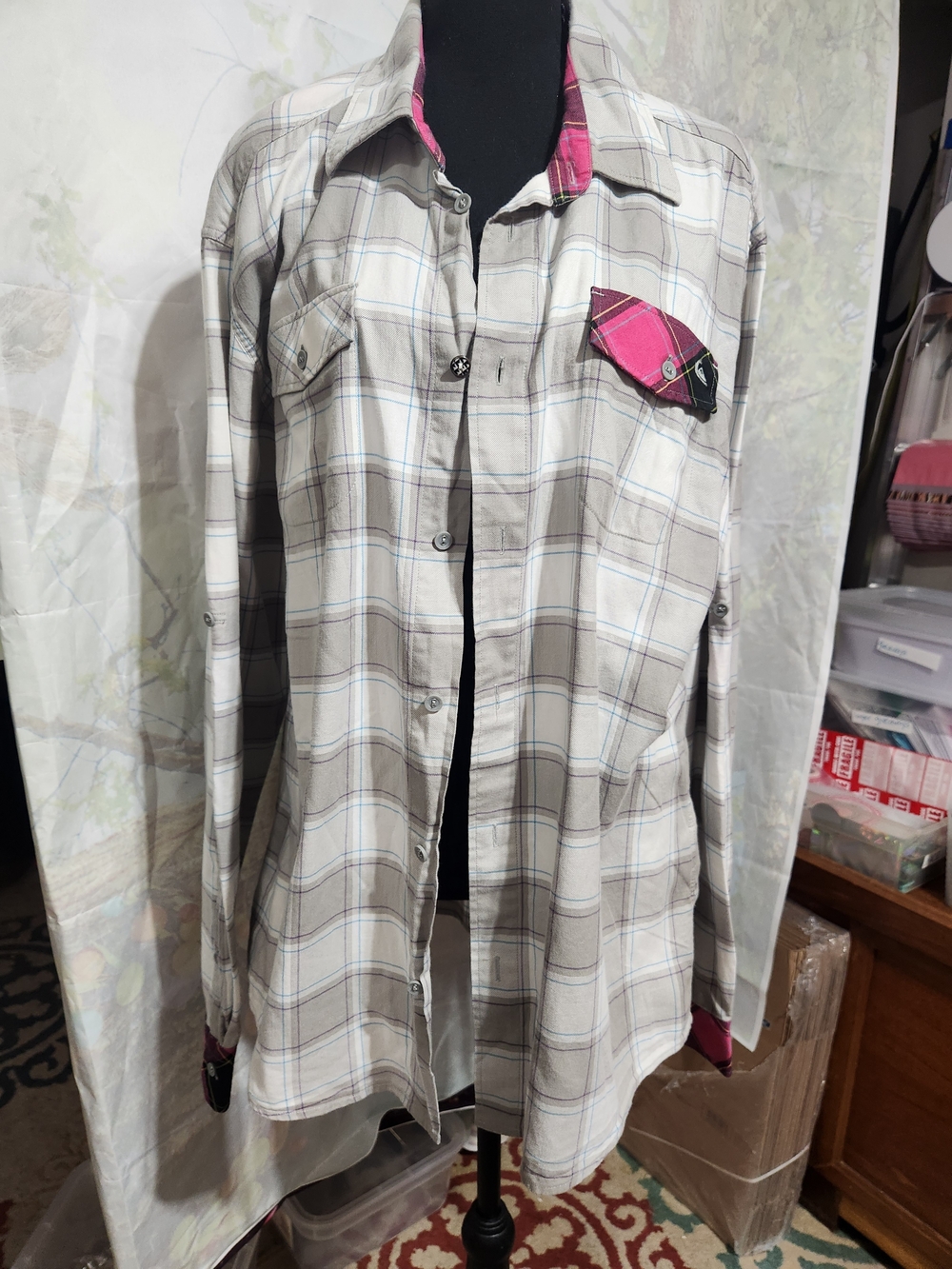 Quiksilver Grey Plaid Button-Down Shirt with Pink Trim